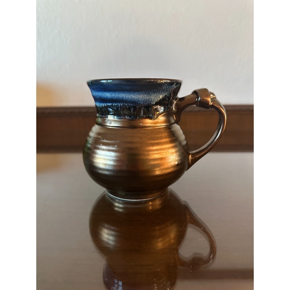 Roscher Stoneware Coffee Mug‎ Metallic Bronze With Blue Rim Knot Handle